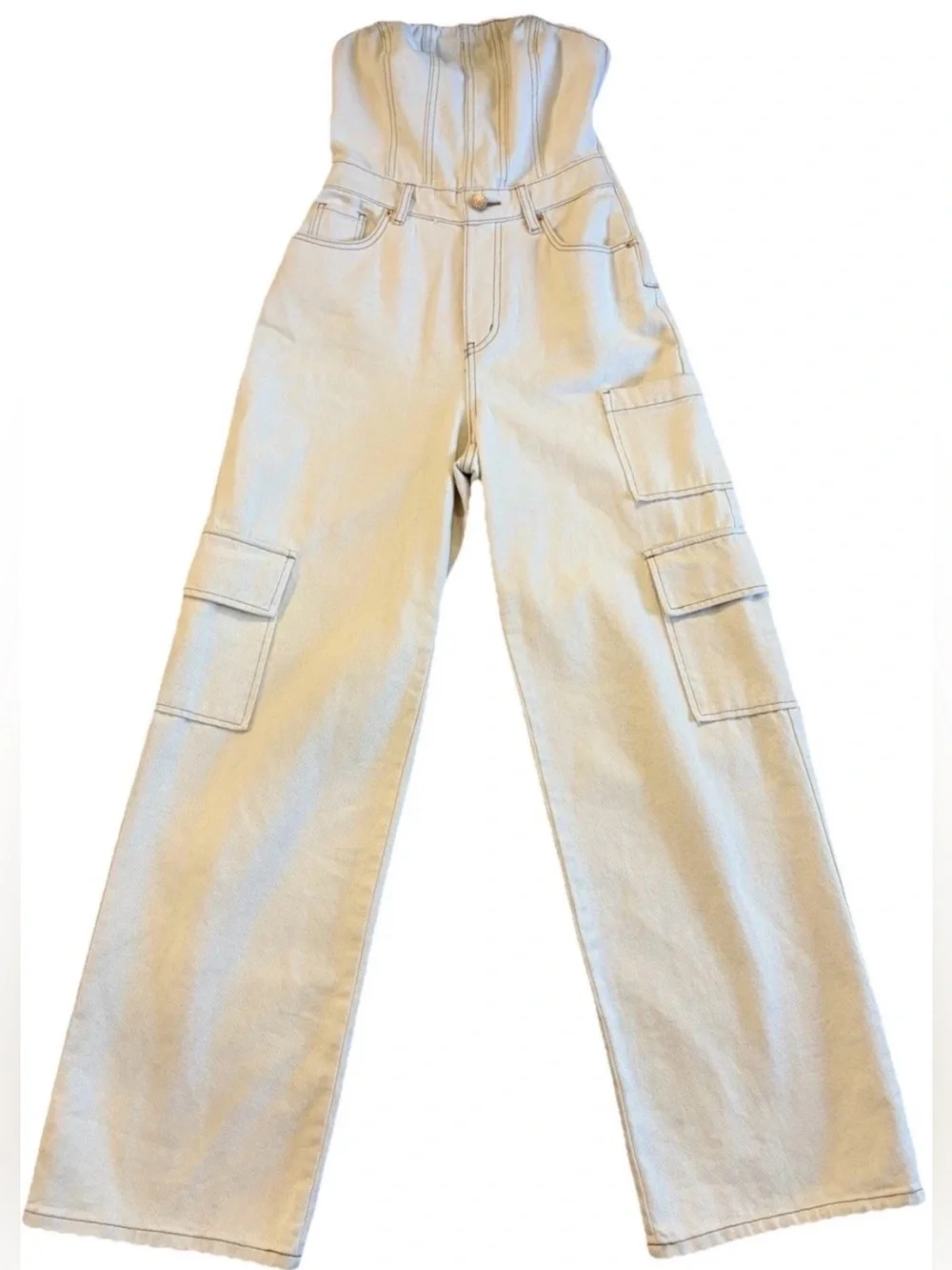 Wild Fable Women's Tube Cargo Cream Denim Jumpsuit
